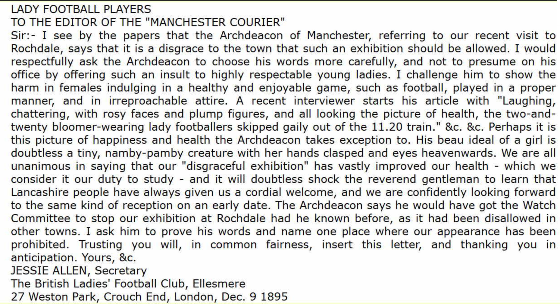 Letter from Jessie Allen to the Manchester Courier December 9th 1895